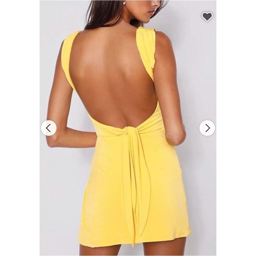 Sunshine Yellow Ruched Bodycon Mini Dress Open Back Knot Detail Y2K Going Out - Picture 4 of 16